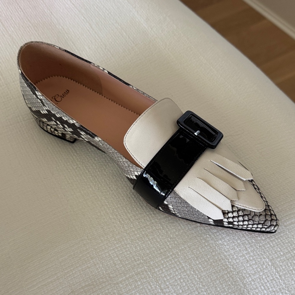 J. Crew Kiltie Snakeskin and Cream Loafers with Black Detail - Picture 2 of 7